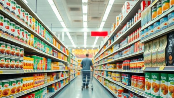 Wide grocery aisle in Texas store, partial SNAP payments context.
