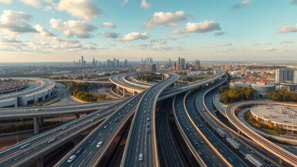 Aerial view of Texas highway infrastructure highlighting public transit growth.