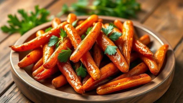 Appetizing bourbon roasted carrots with parsley on a wooden plate.