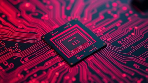 Complex red and black microchip, abstract design, preventing brain damage in premature babies.