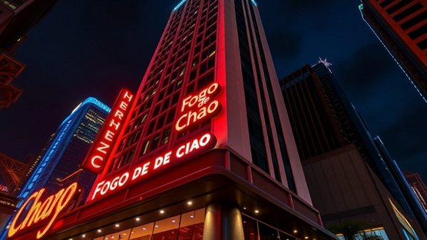 Fogo de Chao sign on modern building with neon lights at night.