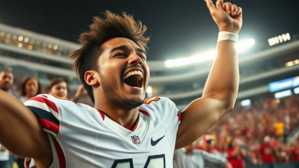 Energetic player celebrates in Heisman Trophy race stadium scene.