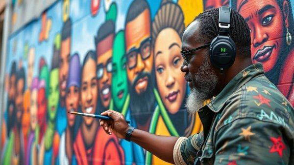 Artist painting a mural of portraits reflecting San Antonio community.