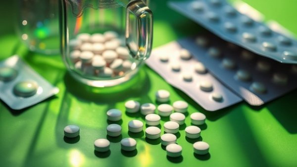 HRT Hormone Replacement Therapy Risks: tablets and light reflections on green surface.