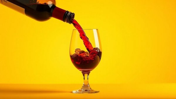 Red wine pouring into glass against yellow backdrop, healthy drinking culture.