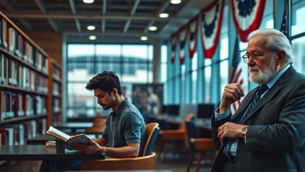 Contrasting scenes of Texas library and thoughtful man, cost of living in Texas.