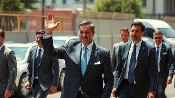 Men in formal suits walking outdoors as one waves, symbolizing diplomacy, Syria joins US-led coalition against ISIL.