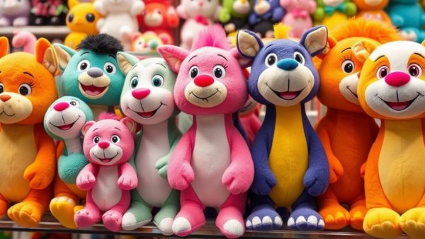 Colorful plush animal toys at a store display in San Antonio.