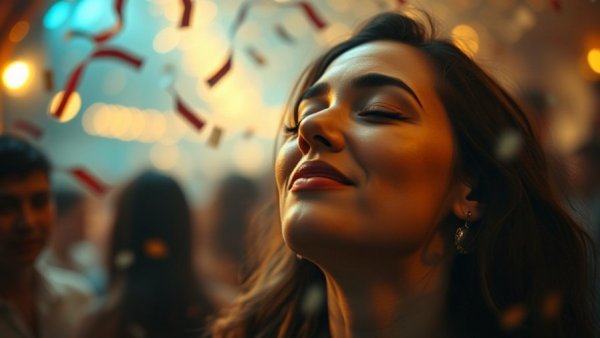 Woman amid falling confetti, capturing a moment of emotional depth.