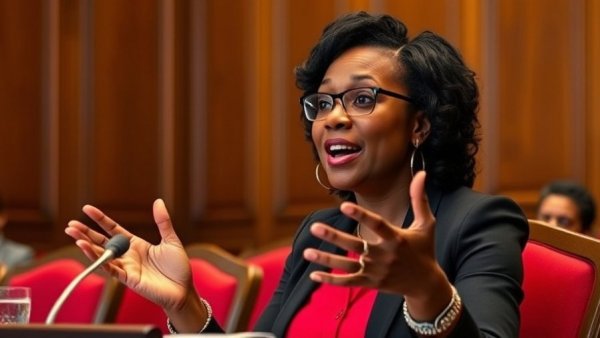 Woman discussing spending clause legislation at conference.