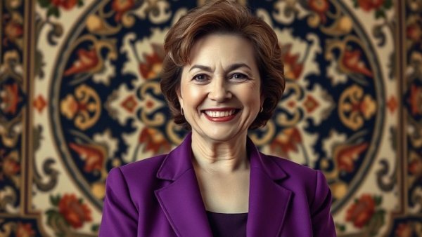 Mature woman in purple blazer, tapestry background, Supreme Court decisions.