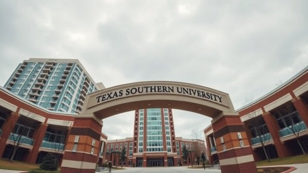 Texas Southern University entrance with buildings and overcast sky.