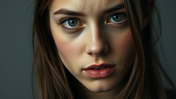 Portrait of woman with somber expression, close-up.