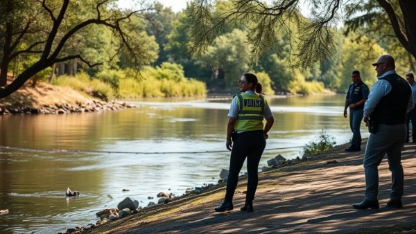 Police investigation by Trinity River after drowning incident.
