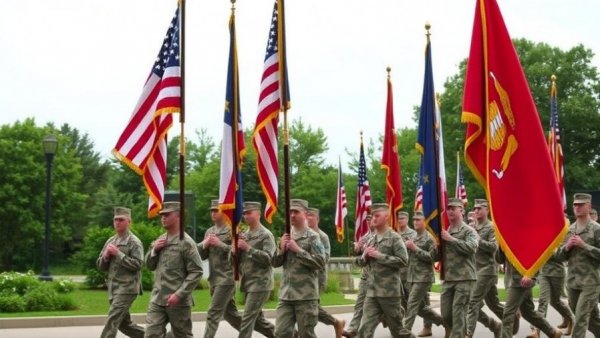 Flags carried by military in outdoor ceremony for Veterans Day.