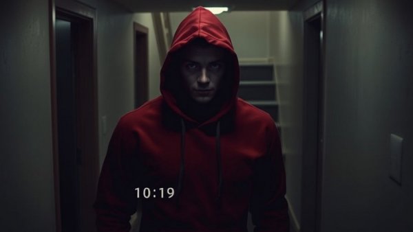 Mysterious figure in red hoodie, apartment hallway, timestamped.