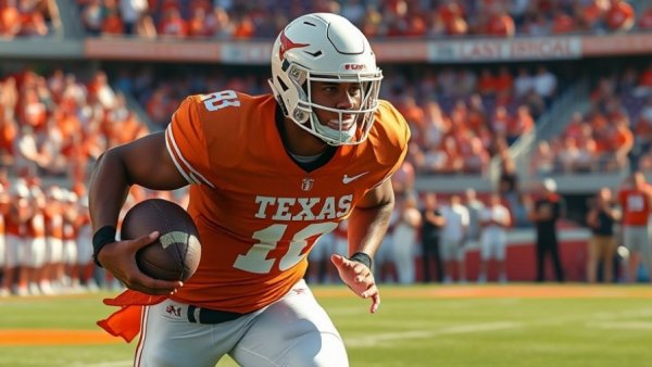 Texas football player intensely running with the ball