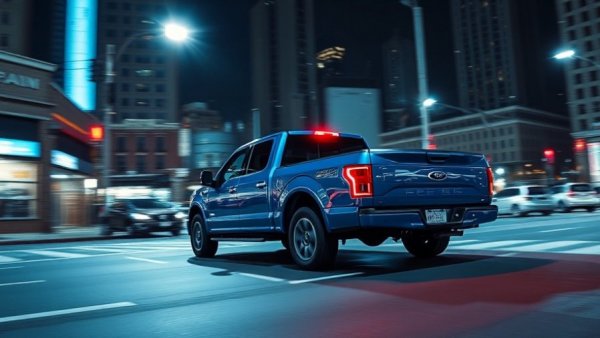 Blue truck in austin tx local news incident, highlighted on night street.