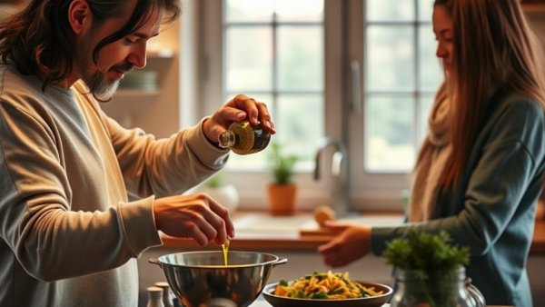 Sharing a meal benefits: Two people cooking together, bonding over meal preparation.
