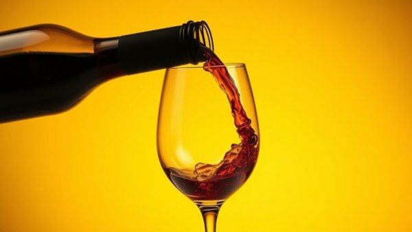 Wine pour artfully splashing into glass against vibrant yellow backdrop, symbolizing sober curious movement.