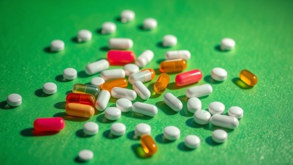 Hormone replacement therapy: pills and blister packs on a green background.