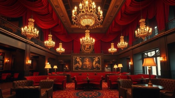 The Twelve Thirty Club Austin: Luxurious interior with elegant chandeliers.