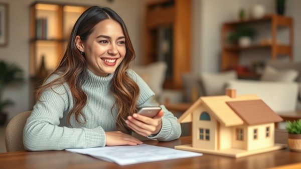 Woman considering delaying life goals for homeownership, with phone and house model.