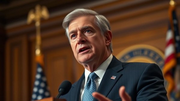 Government official speaking at the end of a shutdown, U.S. flags in the background.