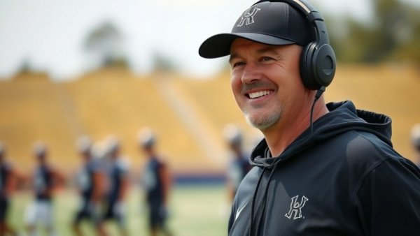 Football coach smiling in team outfit on practice field for player safety.