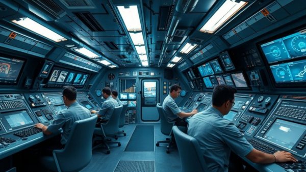 NATO submarine crew monitoring operations in a control room.