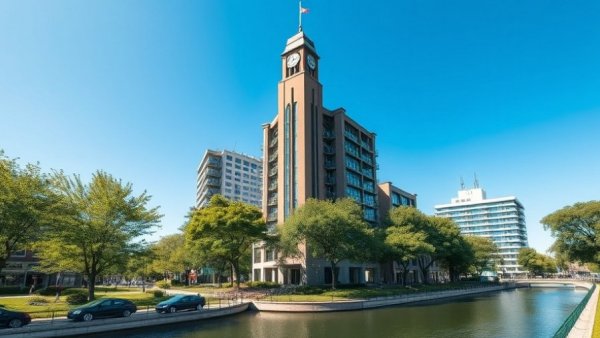 Unleashed Brands HQ move to Irving, cityscape with clock tower and canal.