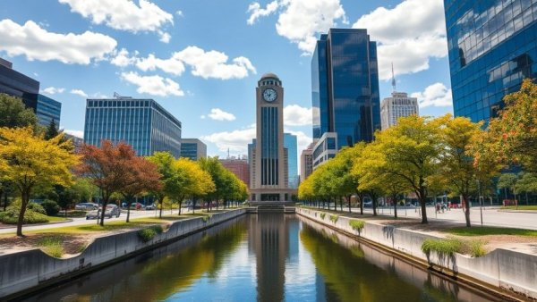 Dallas business district with clock tower and canal, bright day.
