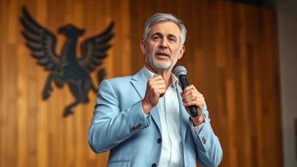 Middle-aged man speaking on stage in light blue blazer, Texas voter registration lawsuit discussion.