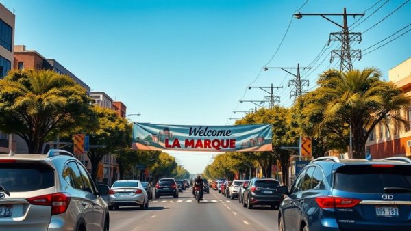 Sunny Texas street with 'Welcome to La Marque' banner, vehicles and streetlights.