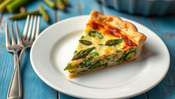 Appetizing asparagus-fontina quiche slice on white plate rustic setting