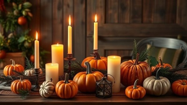 Budget-friendly holiday dinner setup with pumpkins and candles.