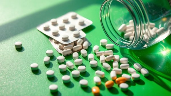 Hormone therapy pills and blister packs with light reflections.