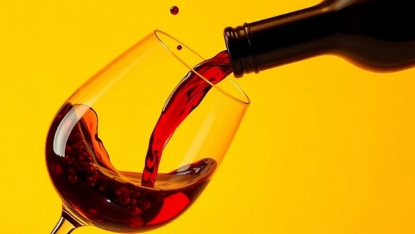 Artistic depiction of wine pour against yellow backdrop, symbolizing sober curious movement.