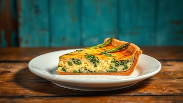Slice of delicious Asparagus-Fontina Quiche on a plate.