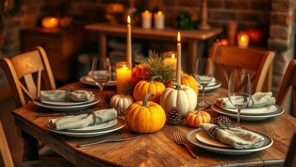 Budget-friendly holiday dinner setting with pumpkins and candles on rustic table.