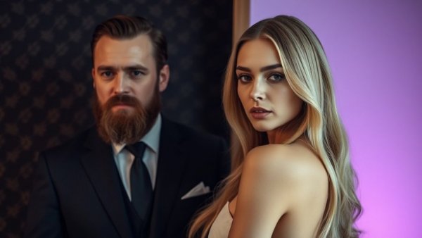 Elegant woman and bearded man with contrasting backgrounds; Denise Richards eviction lawsuit.