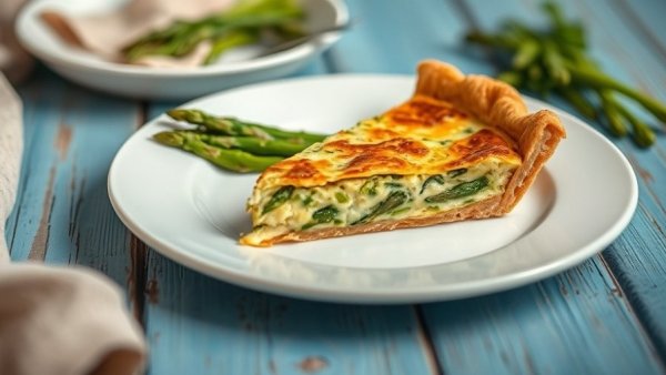 Asparagus-Fontina Quiche with Cracker Crust on white plate, rustic table setting.