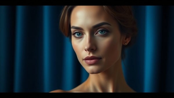 Elegant woman in a serene blue-draped setting, Hailey Bieber motherhood spirituality.