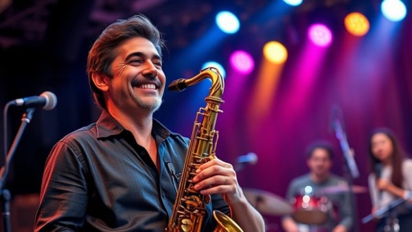 Cleto Escobedo III smiling on stage with saxophone and band equipment.