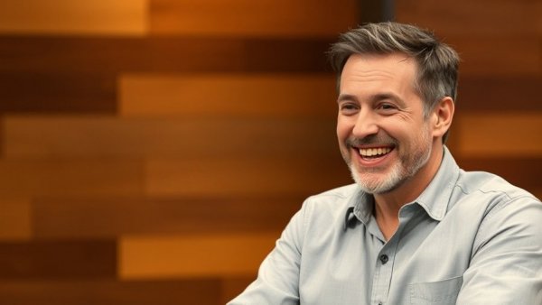 Smiling man on talk show, engaging in lively discussion.