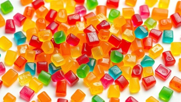 Colorful gummy candies and chocolates scattered randomly, depicting sugar's impact on skin health.