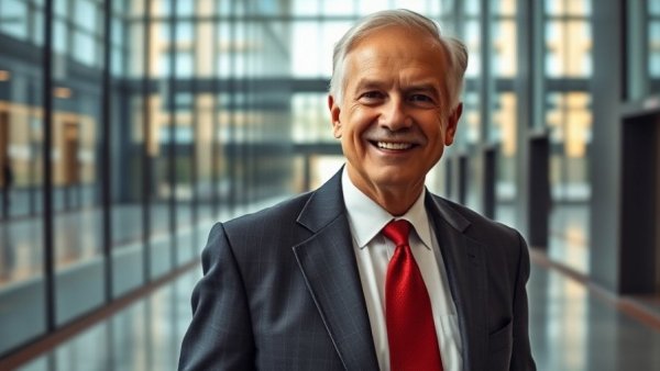 Confident older gentleman in suit, Texas governor race candidate setting.