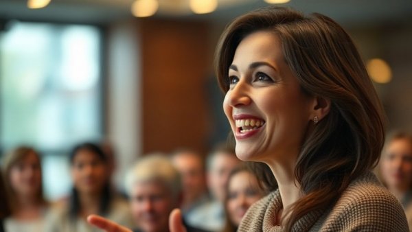 Smiling woman confidently addressing an audience with interwound legal arguments.