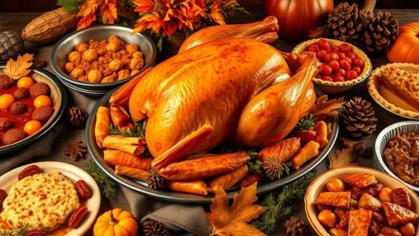 Thanksgiving dinner spread in Poconos with turkey and sides.