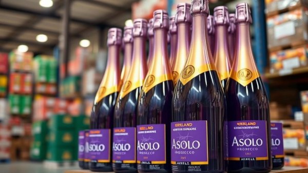 Costco Kirkland Prosecco bottles stacked in retail display.